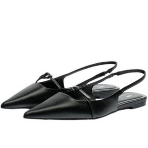 Zara Pointed Black Leather Slingback Flat NWT